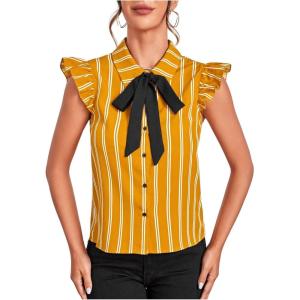 imageFloerns Womens Sleeveless Bow Tie Striped Summer Chiffon Blouse TopYellow