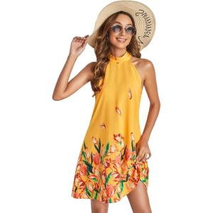 imageFloerns Womens Summer Floral Print Sleeveless Halter Neck Beach Party DressMustard Yellow