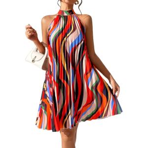 imageFloerns Womens Summer Floral Print Sleeveless Halter Neck Beach Party DressRed Striped