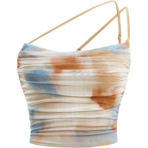 imageFloerns Womens Tie Dye Spaghetti Strap Cut Out One Shoulder Ruched Crop Cami TopApricot