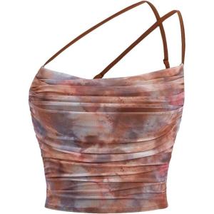 imageFloerns Womens Tie Dye Spaghetti Strap Cut Out One Shoulder Ruched Crop Cami TopBrown