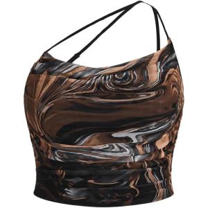 imageFloerns Womens Tie Dye Spaghetti Strap Cut Out One Shoulder Ruched Crop Cami TopBrown Marble