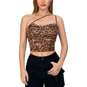 imageFloerns Womens Tie Dye Spaghetti Strap Cut Out One Shoulder Ruched Crop Cami TopChocolate
