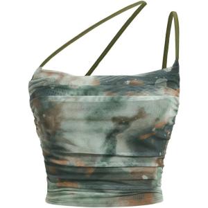 imageFloerns Womens Tie Dye Spaghetti Strap Cut Out One Shoulder Ruched Crop Cami TopGreen and Brown