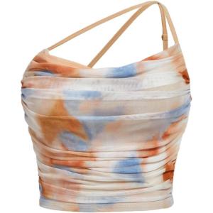 imageFloerns Womens Tie Dye Spaghetti Strap Cut Out One Shoulder Ruched Crop Cami TopKhaki