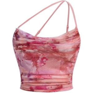 imageFloerns Womens Tie Dye Spaghetti Strap Cut Out One Shoulder Ruched Crop Cami TopLight Pink