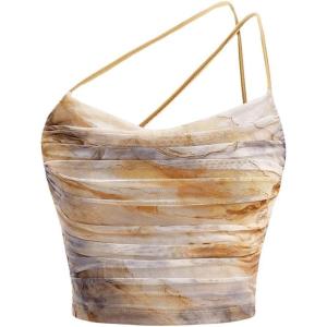 imageFloerns Womens Tie Dye Spaghetti Strap Cut Out One Shoulder Ruched Crop Cami TopYellow