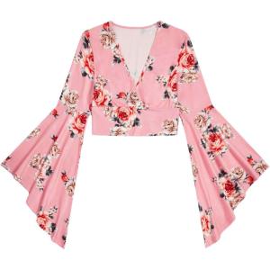 imageFloerns Womens V Neck Long Bell Sleeve Wrap Blouse Top Tee ShirtsPastel Pink