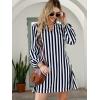 imageFloerns Womens Casual High Waist Notch Neck Long Sleeve Rufle Hem Smock DressBlue and White