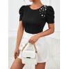 imageFloerns Womens Solid Tee Mock Neck Short Puff Sleeve Tops BlouseBlack Ink