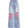 imageFloerns Girls Elastic Waist Distressed Ripped Straight Leg Denim JeansBlue and Pink