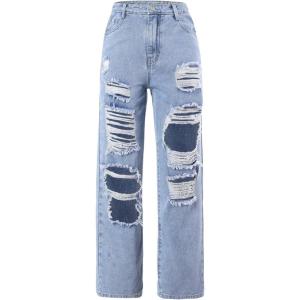 imageFloerns Girls Elastic Waist Distressed Ripped Straight Leg Denim JeansAqua Blue