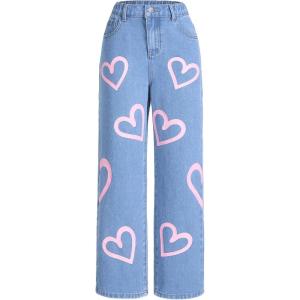 imageFloerns Girls Elastic Waist Distressed Ripped Straight Leg Denim JeansBlue Sky Heart