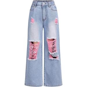 imageFloerns Girls Elastic Waist Distressed Ripped Straight Leg Denim JeansBlue and Pink