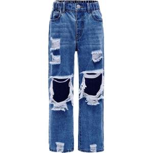 imageFloerns Girls Elastic Waist Distressed Ripped Straight Leg Denim JeansDark Blue
