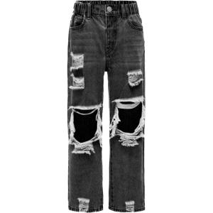 imageFloerns Girls Elastic Waist Distressed Ripped Straight Leg Denim JeansGrey