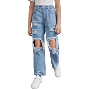 imageFloerns Girls Elastic Waist Distressed Ripped Straight Leg Denim JeansLight Blue