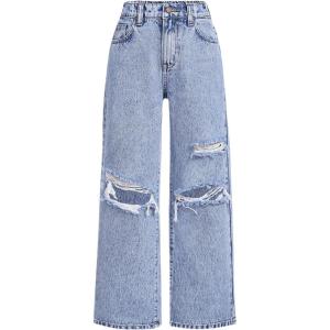 imageFloerns Girls Elastic Waist Distressed Ripped Straight Leg Denim JeansLight Wash