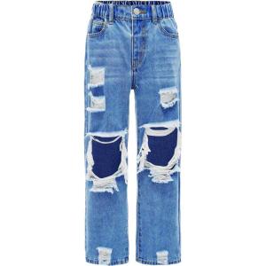 imageFloerns Girls Elastic Waist Distressed Ripped Straight Leg Denim JeansOcean Blue