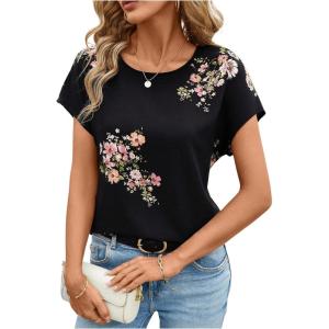 imageFloerns Womens Casual Cap Sleeve Leopard Print Satin Silk Blouse TopsBlack Floral