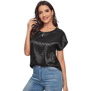 imageFloerns Womens Casual Cap Sleeve Leopard Print Satin Silk Blouse TopsBlack Leopard