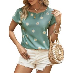 imageFloerns Womens Casual Cap Sleeve Leopard Print Satin Silk Blouse TopsBlue Floral