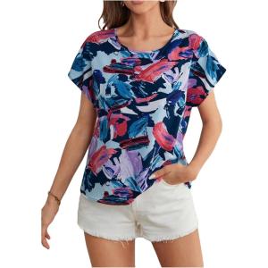 imageFloerns Womens Casual Cap Sleeve Leopard Print Satin Silk Blouse TopsDeep Blue Multi