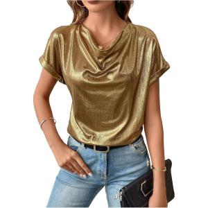 imageFloerns Womens Casual Cap Sleeve Leopard Print Satin Silk Blouse TopsGold