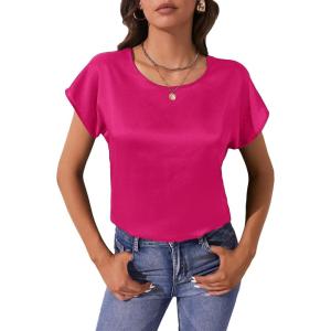 imageFloerns Womens Casual Cap Sleeve Leopard Print Satin Silk Blouse TopsHot Pink