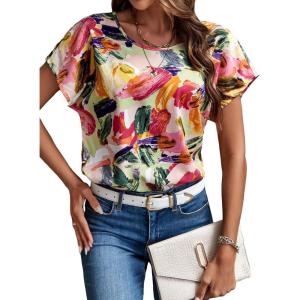 imageFloerns Womens Casual Cap Sleeve Leopard Print Satin Silk Blouse TopsLight Green Multi