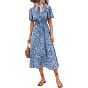 imageFloerns Womens Casual Floral Print Crewneck Short Sleeve A Line Boho Maxi DressBblue Floral