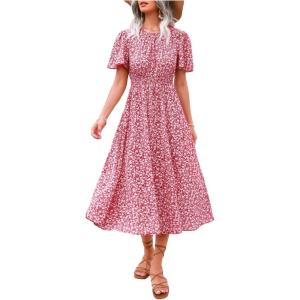 imageFloerns Womens Casual Floral Print Crewneck Short Sleeve A Line Boho Maxi DressBburgundy Floral
