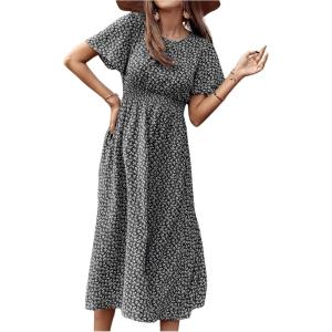 imageFloerns Womens Casual Floral Print Crewneck Short Sleeve A Line Boho Maxi DressBlack