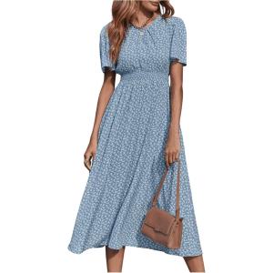 imageFloerns Womens Casual Floral Print Crewneck Short Sleeve A Line Boho Maxi DressBlue