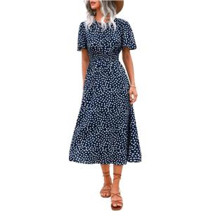imageFloerns Womens Casual Floral Print Crewneck Short Sleeve A Line Boho Maxi DressBlue Dots
