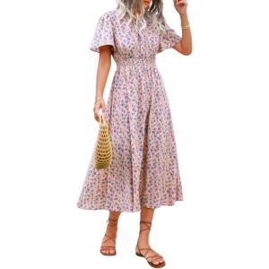 imageFloerns Womens Casual Floral Print Crewneck Short Sleeve A Line Boho Maxi DressBpink Blue Multi
