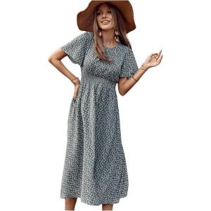 imageFloerns Womens Casual Floral Print Crewneck Short Sleeve A Line Boho Maxi DressGreen Multi