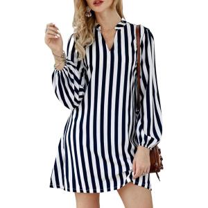 imageFloerns Womens Casual High Waist Notch Neck Long Sleeve Rufle Hem Smock DressBlue and White