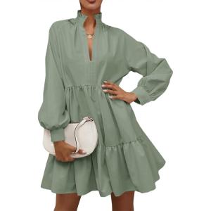 imageFloerns Womens Casual High Waist Notch Neck Long Sleeve Rufle Hem Smock DressMint Green