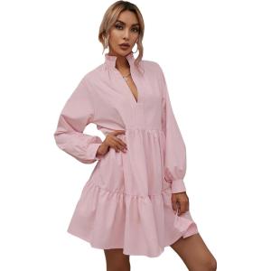 imageFloerns Womens Casual High Waist Notch Neck Long Sleeve Rufle Hem Smock DressPink