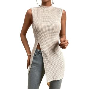 imageFloerns Womens Casual Sleeveless Mock Neck Split Hem Tank TopApricot