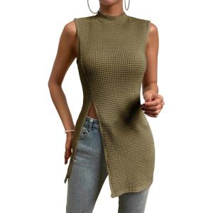 imageFloerns Womens Casual Sleeveless Mock Neck Split Hem Tank TopArmy Green