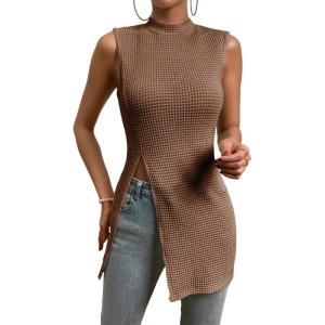 imageFloerns Womens Casual Sleeveless Mock Neck Split Hem Tank TopBrown