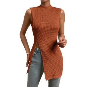 imageFloerns Womens Casual Sleeveless Mock Neck Split Hem Tank TopBurnt Orange