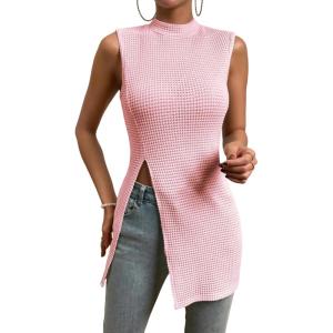 imageFloerns Womens Casual Sleeveless Mock Neck Split Hem Tank TopLight Solid Pink