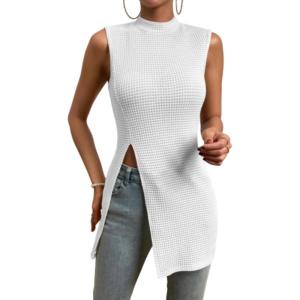 imageFloerns Womens Casual Sleeveless Mock Neck Split Hem Tank TopWhite