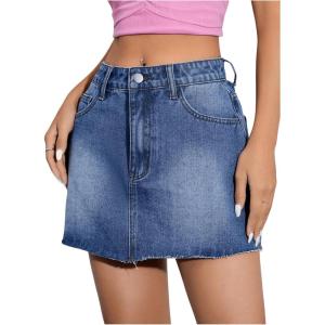 imageFloerns Womens Causal High Waist Raw Hem Pocket Denim Jean Short SkirtBlue Solid