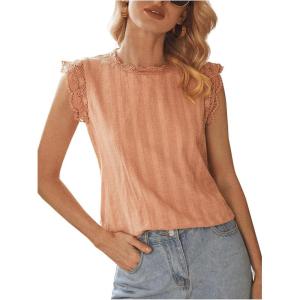 imageFloerns Womens Mock Neck Guipure Lace Trim Blouse TopsCoral Pink