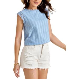 imageFloerns Womens Mock Neck Guipure Lace Trim Blouse TopsLight Blue