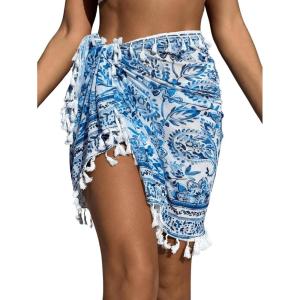 imageFloerns Womens Sheer Beach Swimwear Cover Up Wrap Mini SkirtBlue and White